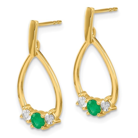 14k Gold Lab Grown VS/SI FGH Diamond Created Green Emerald Post Dangle Earrings - Picture 2 of 3